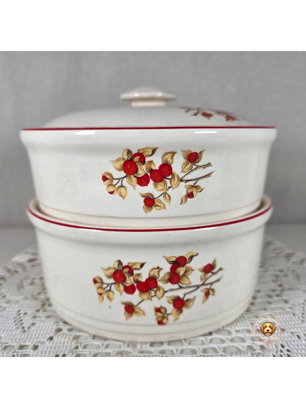 Vintage Ovenproof Stoneware Bittersweet Berry Casserole Dish Set with Lid USA